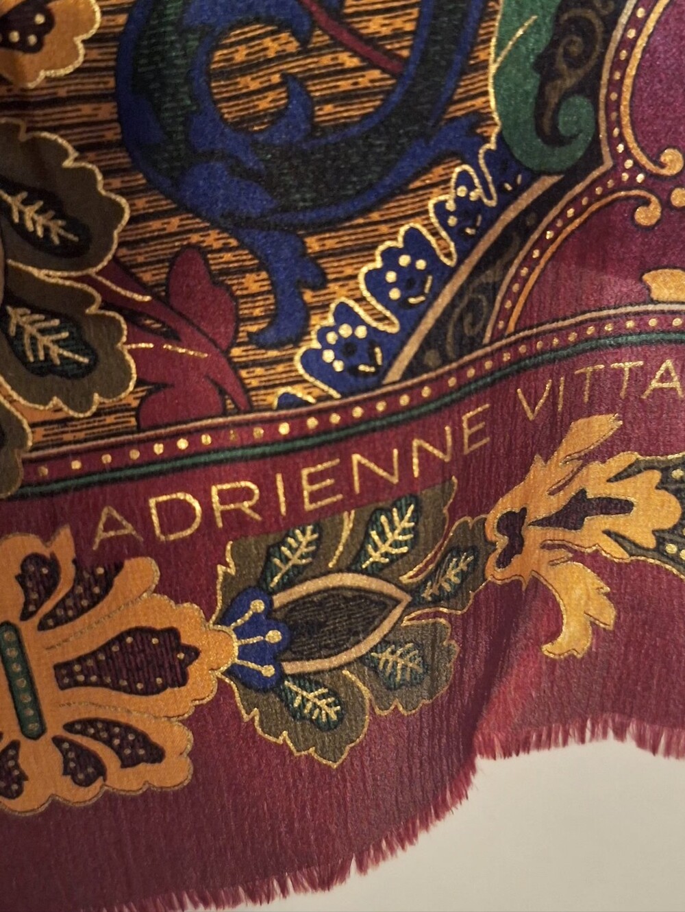 Adrienne Vittadini Burgundy And Gold Silk Scarf Rectangle Raw Edges 53"L